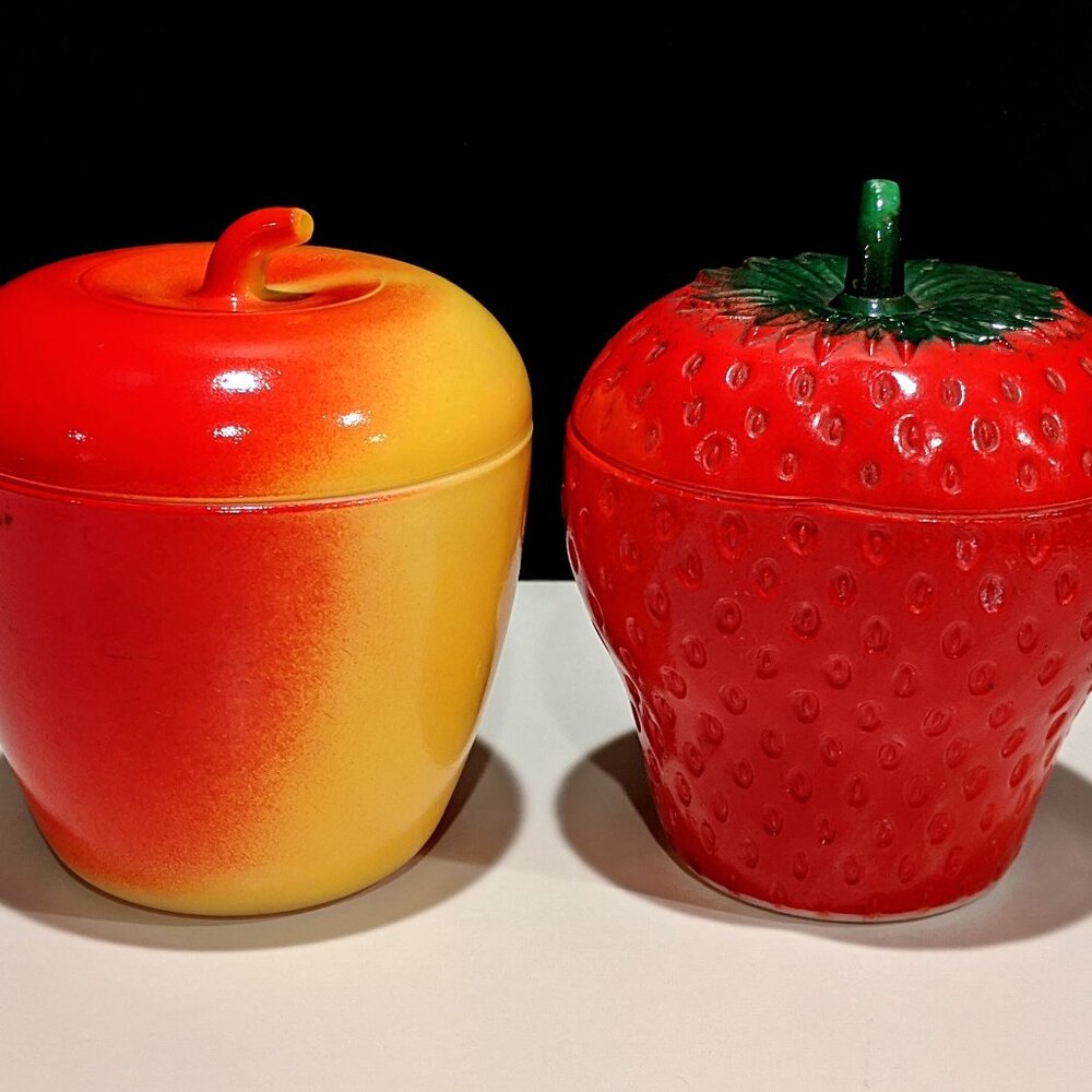 Apple and Strawberry Painted Milk Glass Jam Pots - Set of 2